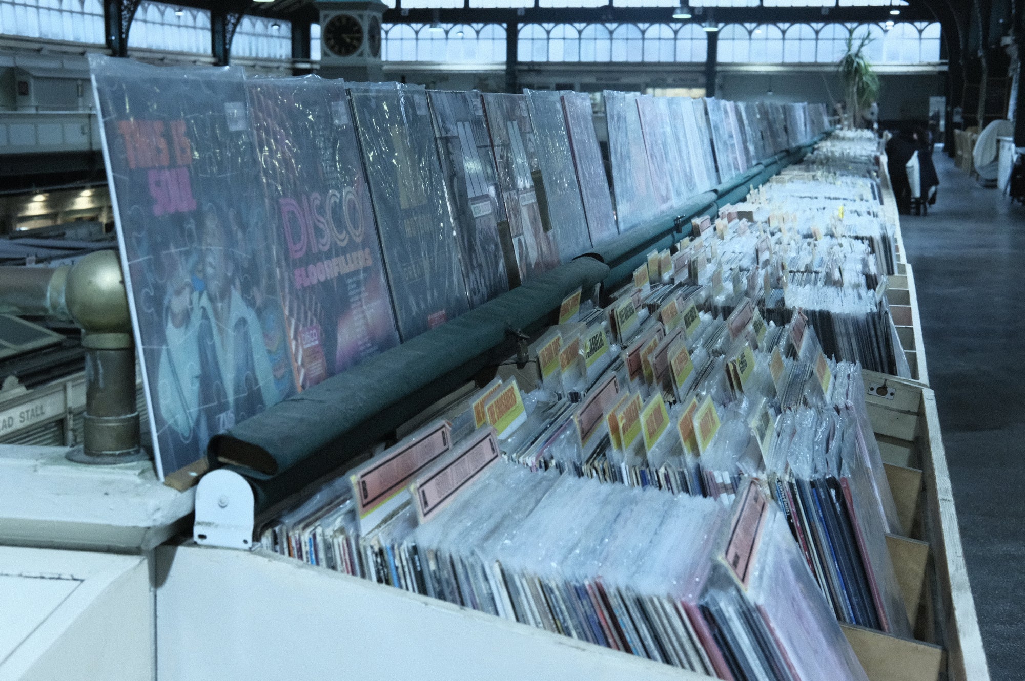The record bins on the balcony of Cardiff Central Market at Kelly's Records